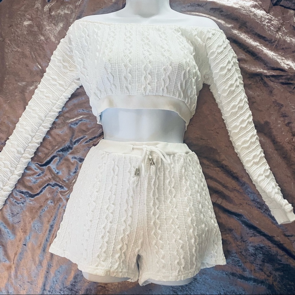 Cream Shorts & Cropped Sweater Knit Set